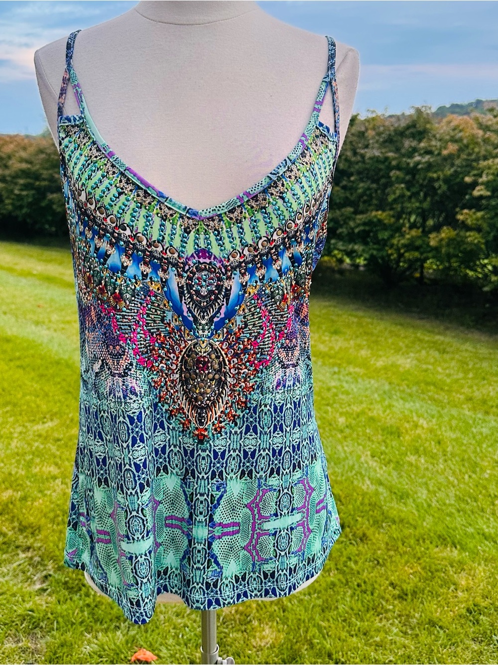 VENUS Blue Multicolored Embellished Tank Top